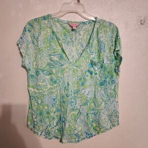 Lilly Pulitzer Duval Linen Blouse Top Short Sleeve Any Fins Possible Print Sz S